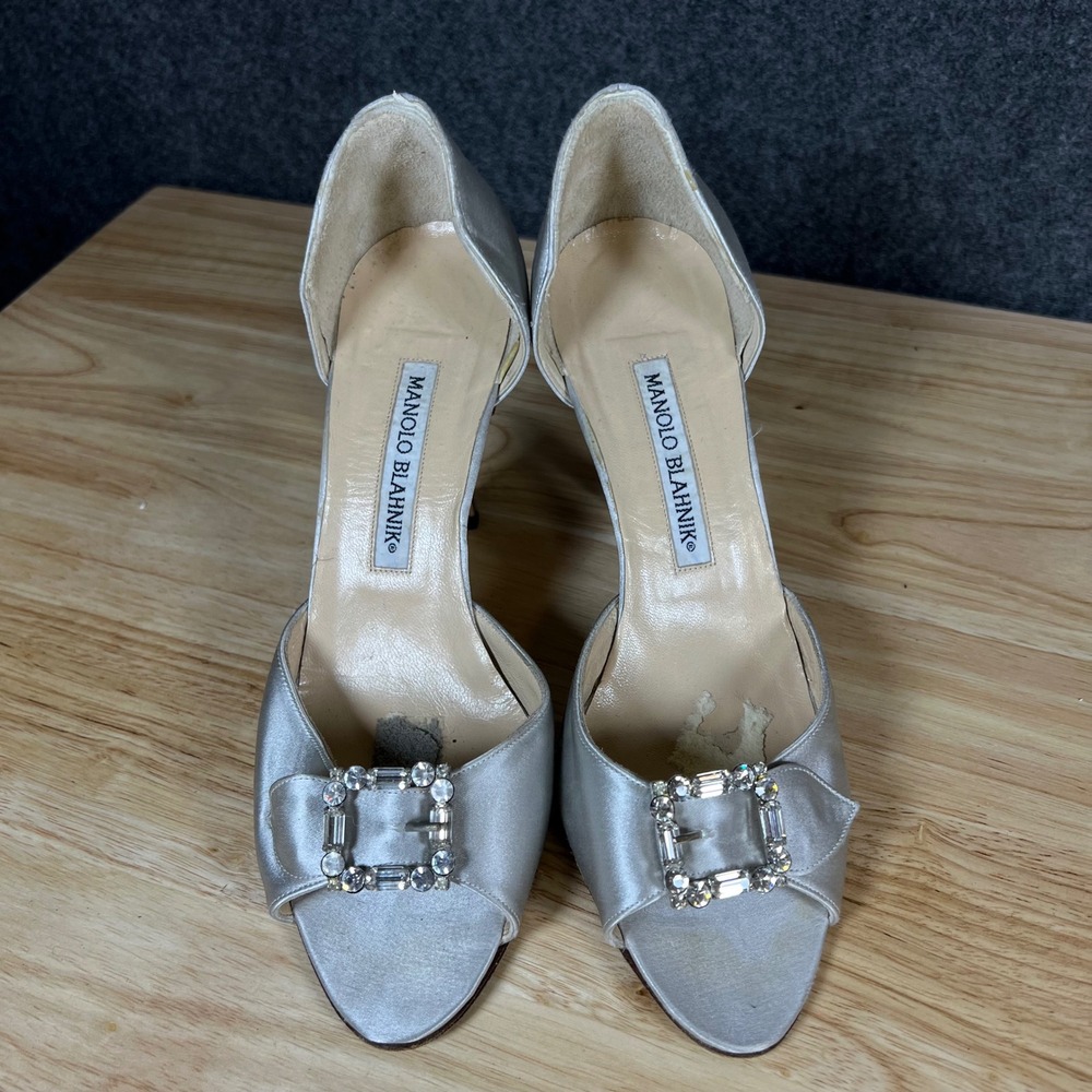 Manolo Blahnik Silver Satin Crystal Buckle Peep Toe d'Orsay Pumps Size 36.5